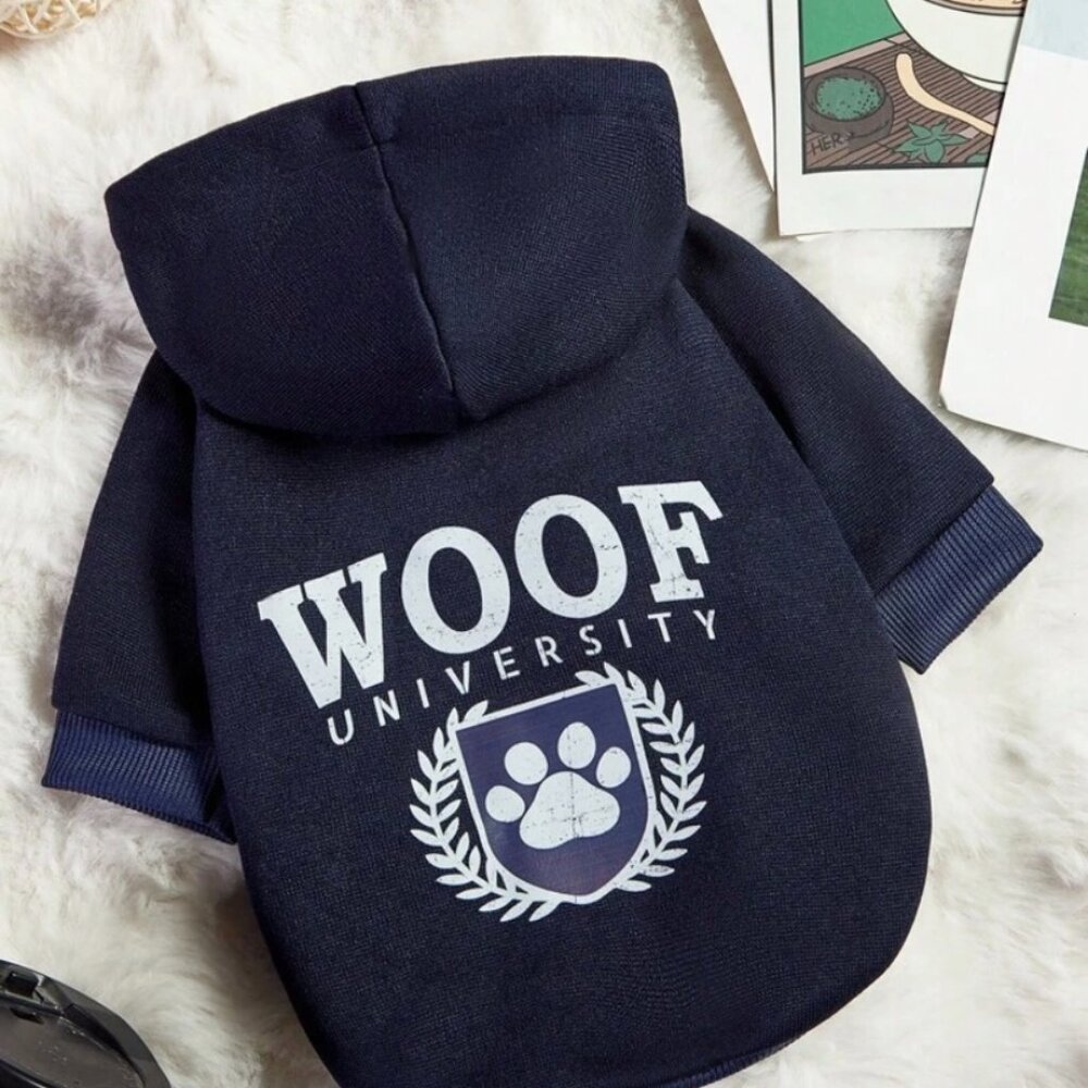 New PETSIN Dog Hooded Sweatshirt Woof University Letter Print, Navy, S & M
